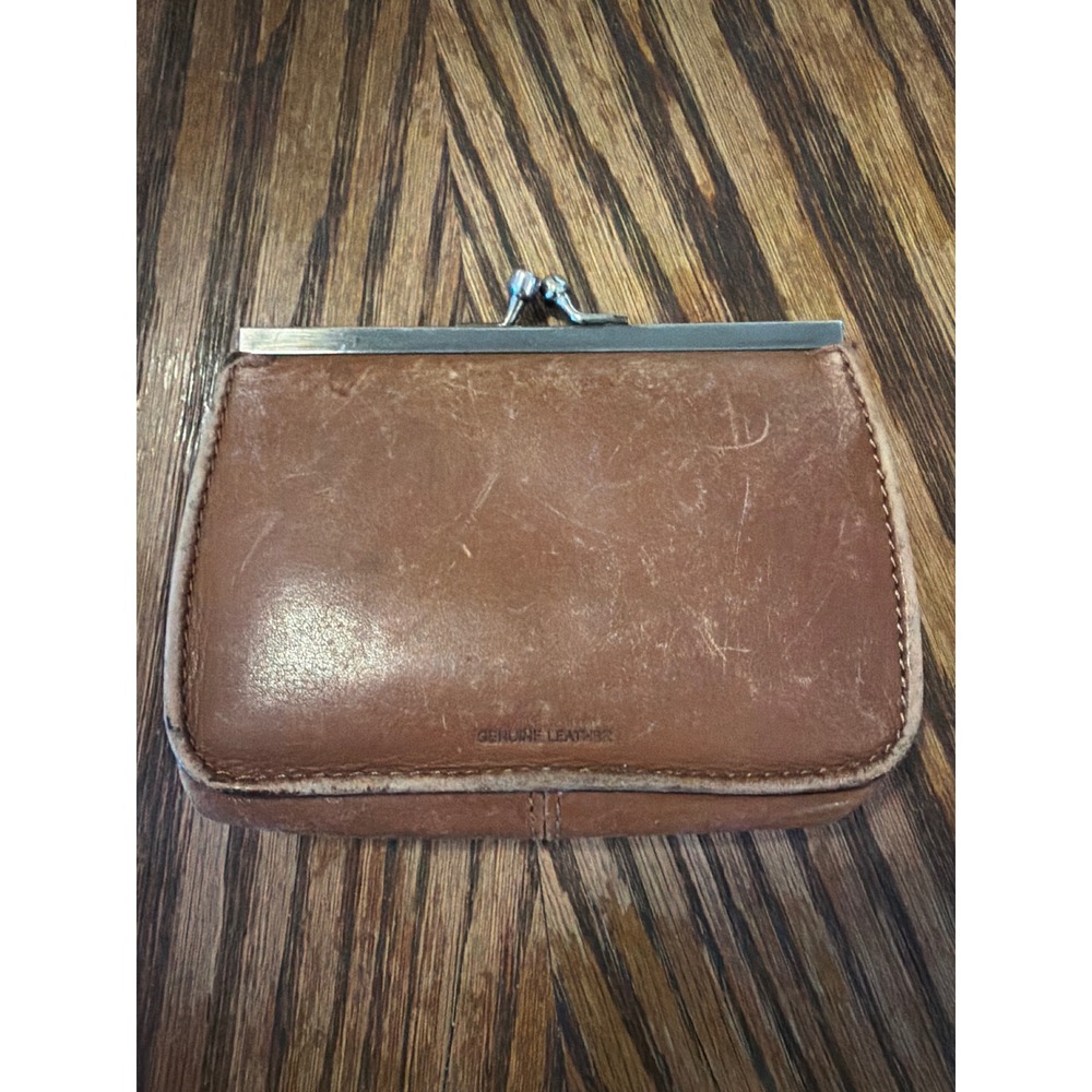 Vintage Brown Genuine Leather Kiss Lock Coin Purse Wallet Card Holder Pocketbook